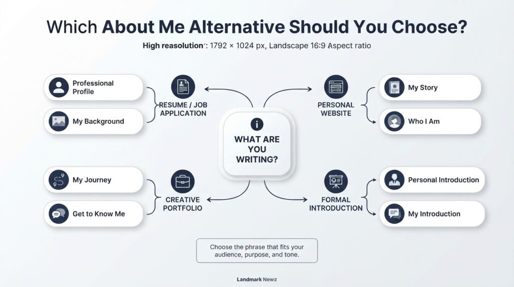 Guide showing which about me alternative to use for resumes, websites, portfolios, and introductions