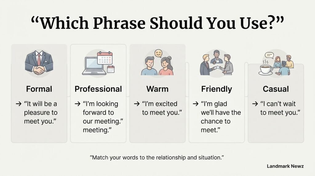 Guide showing which phrase to use instead of look forward to meeting you
